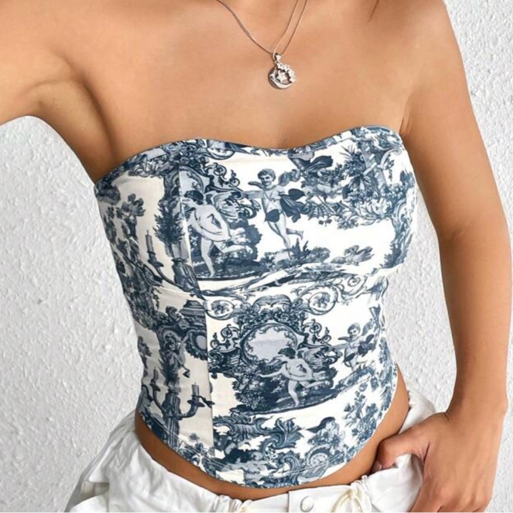 Brand New Toile Strapless Bustier Crop Top in Blue & White